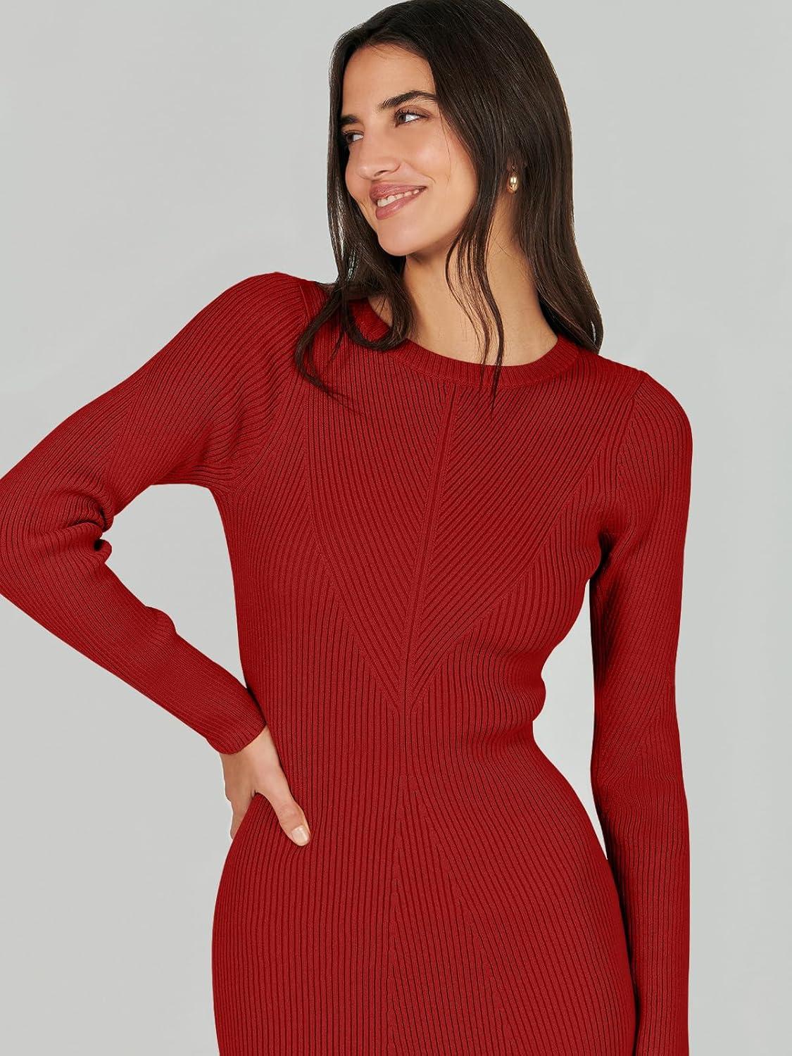 imageANRABESS Womens Long Sleeve Sweater Dress 2025 Fall Crewneck Bodycon Stretch Ribbed Knit Slim Fit Midi Dresses Trendy OutfitsRed