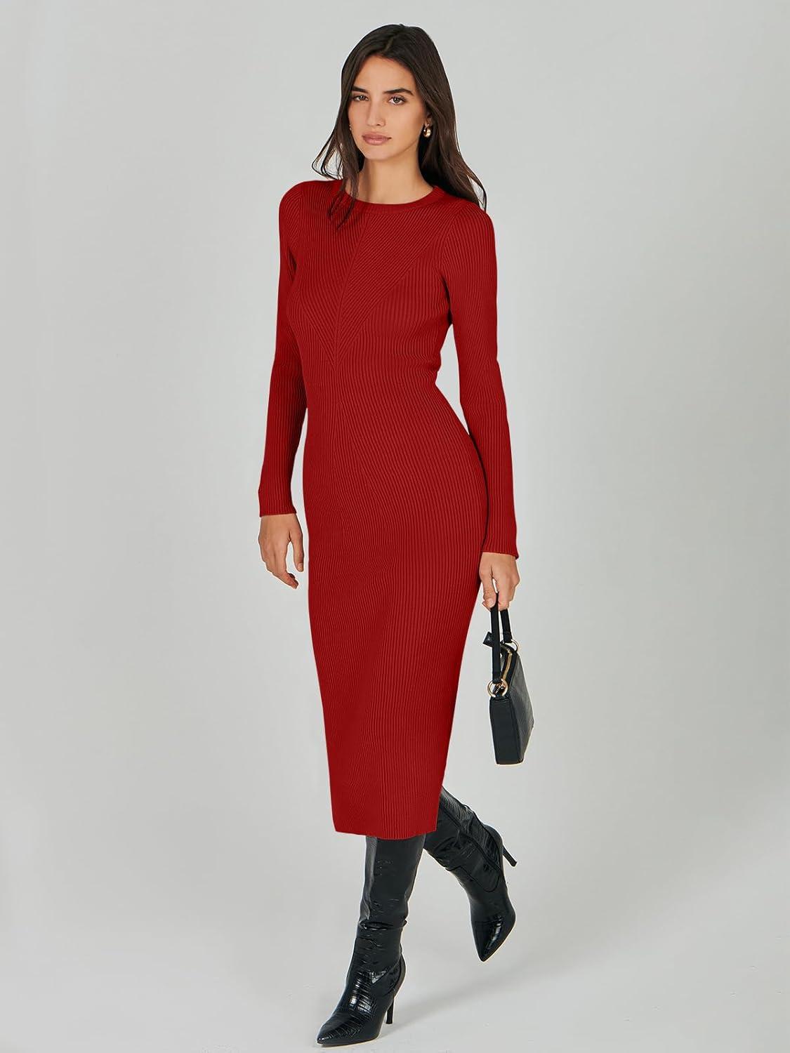 imageANRABESS Womens Long Sleeve Sweater Dress 2025 Fall Crewneck Bodycon Stretch Ribbed Knit Slim Fit Midi Dresses Trendy OutfitsRed