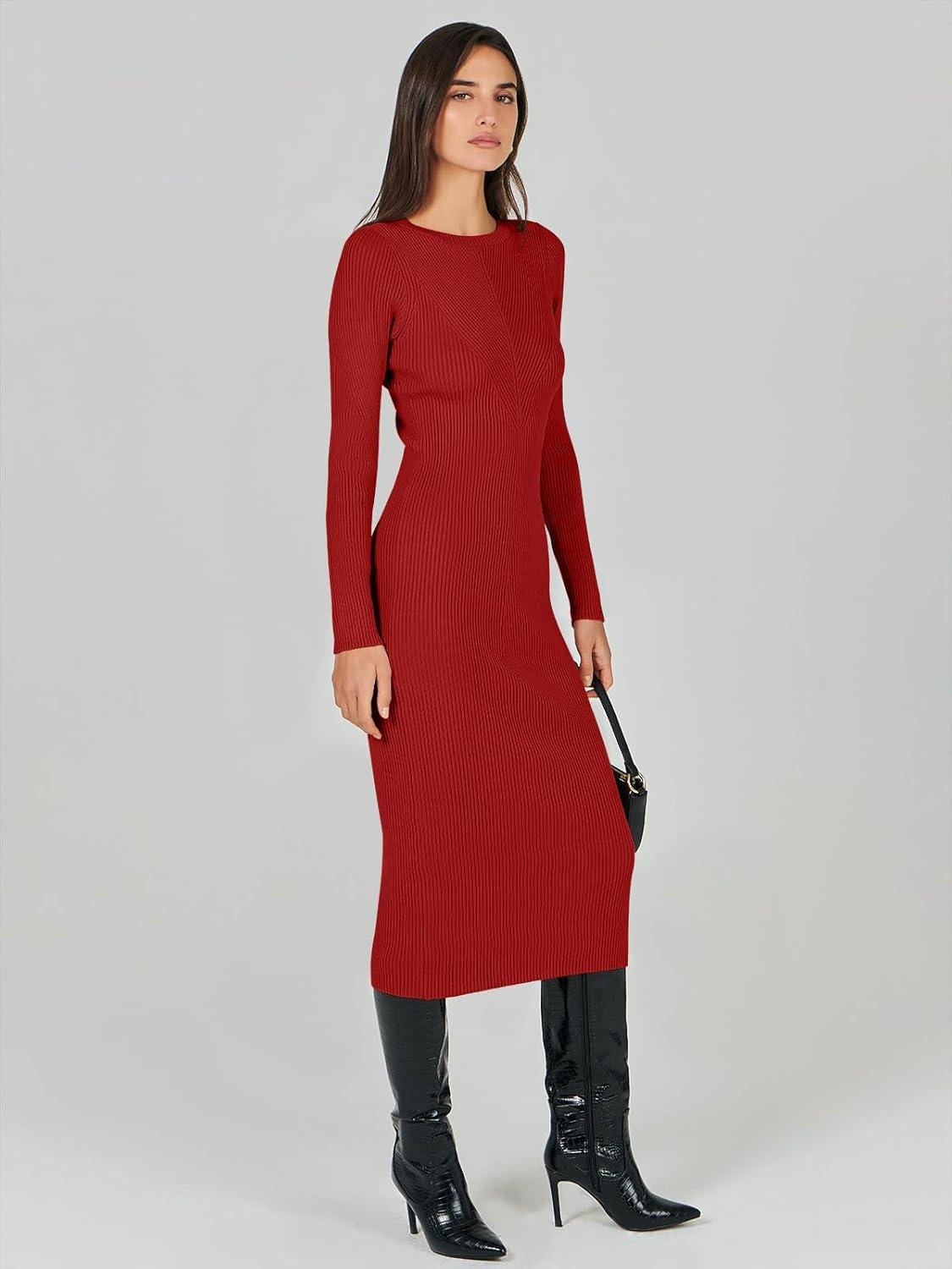imageANRABESS Womens Long Sleeve Sweater Dress 2025 Fall Crewneck Bodycon Stretch Ribbed Knit Slim Fit Midi Dresses Trendy OutfitsRed