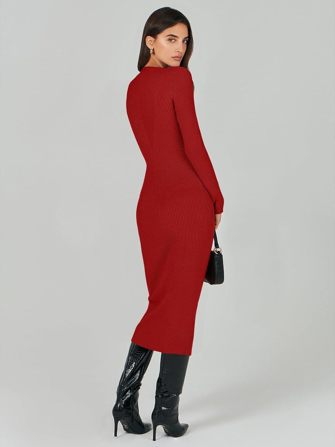 imageANRABESS Womens Long Sleeve Sweater Dress 2025 Fall Crewneck Bodycon Stretch Ribbed Knit Slim Fit Midi Dresses Trendy OutfitsRed