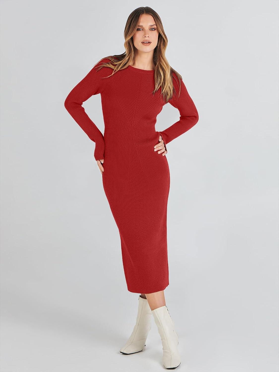 imageANRABESS Womens Long Sleeve Sweater Dress 2025 Fall Crewneck Bodycon Stretch Ribbed Knit Slim Fit Midi Dresses Trendy OutfitsRed