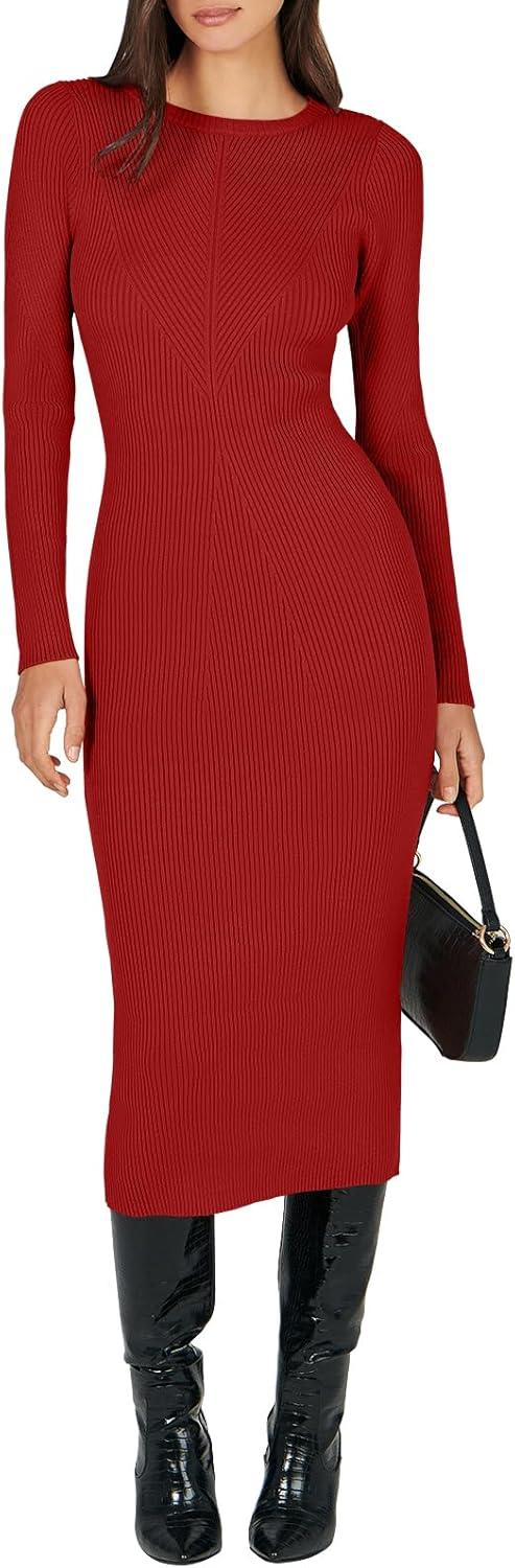 imageANRABESS Womens Long Sleeve Sweater Dress 2025 Fall Crewneck Bodycon Stretch Ribbed Knit Slim Fit Midi Dresses Trendy OutfitsRed