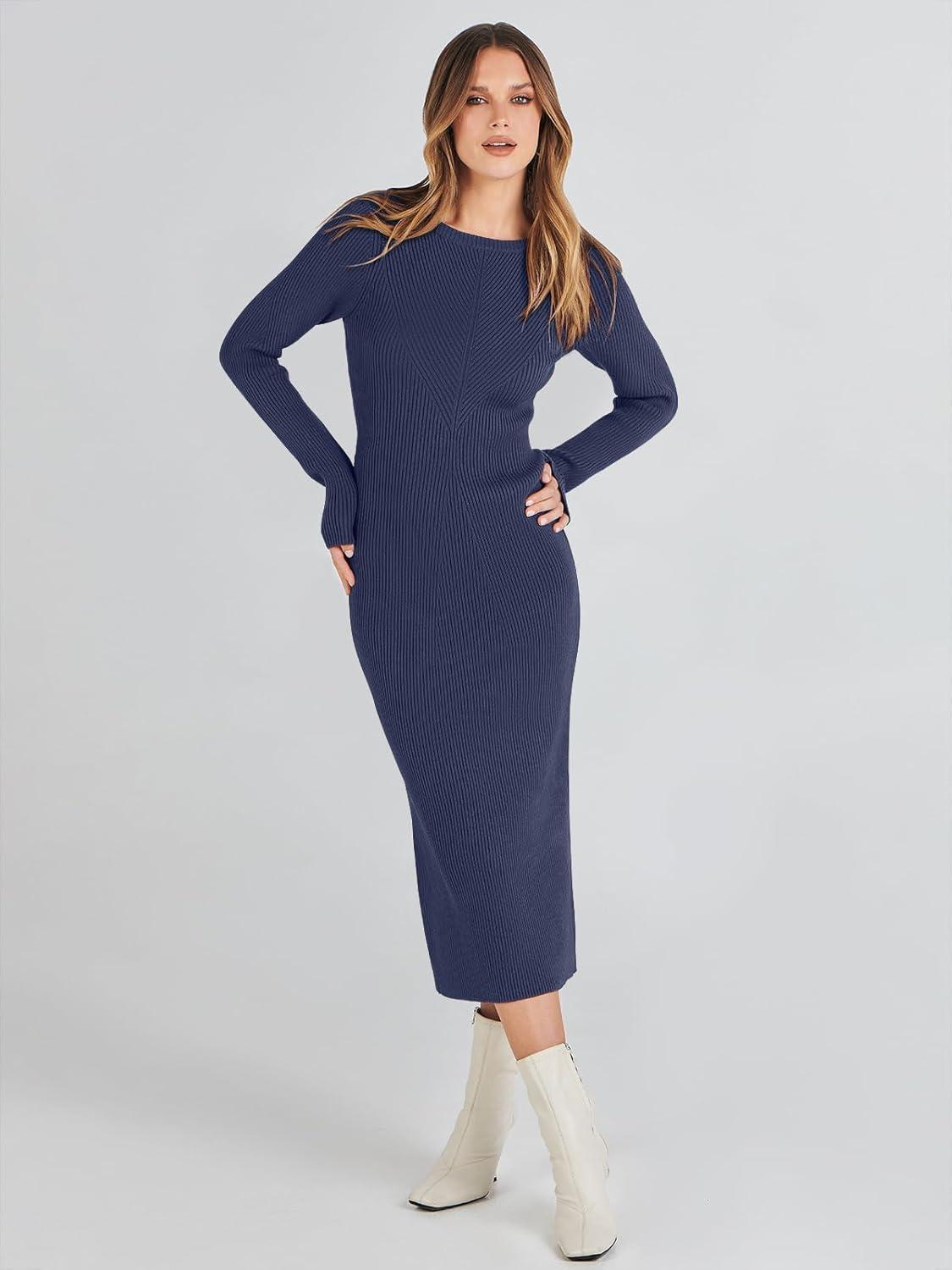 imageANRABESS Womens Long Sleeve Sweater Dress 2025 Fall Crewneck Bodycon Stretch Ribbed Knit Slim Fit Midi Dresses Trendy OutfitsRoyal Blue