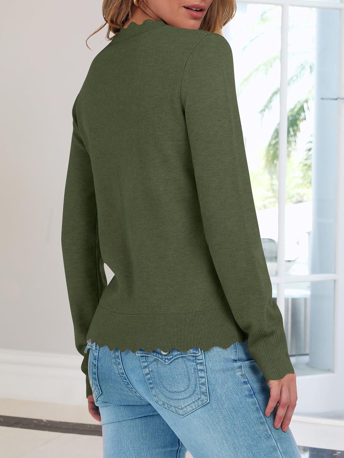 imageANRABESS Womens Long Sleeve Sweaters Loose Fit Lightweight Scalloped Knit Soft Dressy Pullover Tops 2025 Fall Casual OutfitsArmy Green