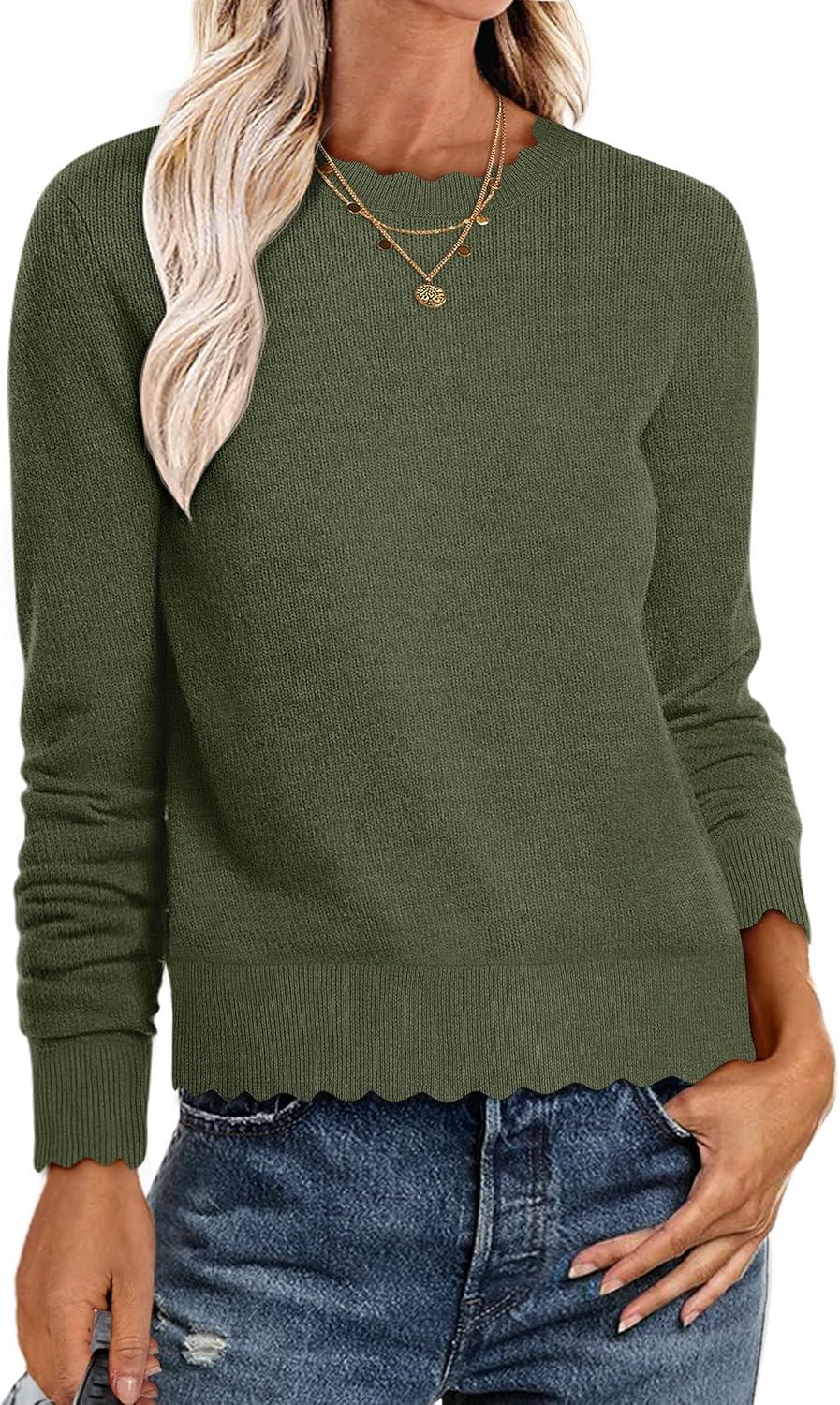 imageANRABESS Womens Long Sleeve Sweaters Loose Fit Lightweight Scalloped Knit Soft Dressy Pullover Tops 2025 Fall Casual OutfitsArmy Green