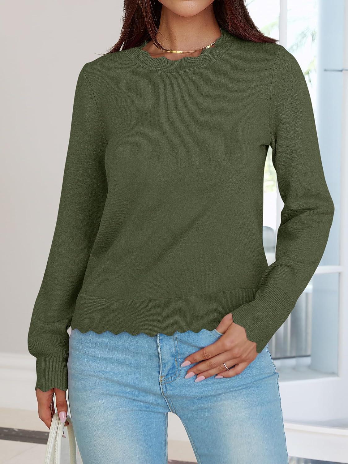 imageANRABESS Womens Long Sleeve Sweaters Loose Fit Lightweight Scalloped Knit Soft Dressy Pullover Tops 2025 Fall Casual OutfitsArmy Green