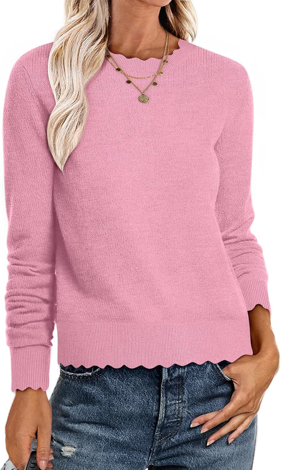 imageANRABESS Womens Long Sleeve Sweaters Loose Fit Lightweight Scalloped Knit Soft Dressy Pullover Tops 2025 Fall Casual OutfitsCoral Pink