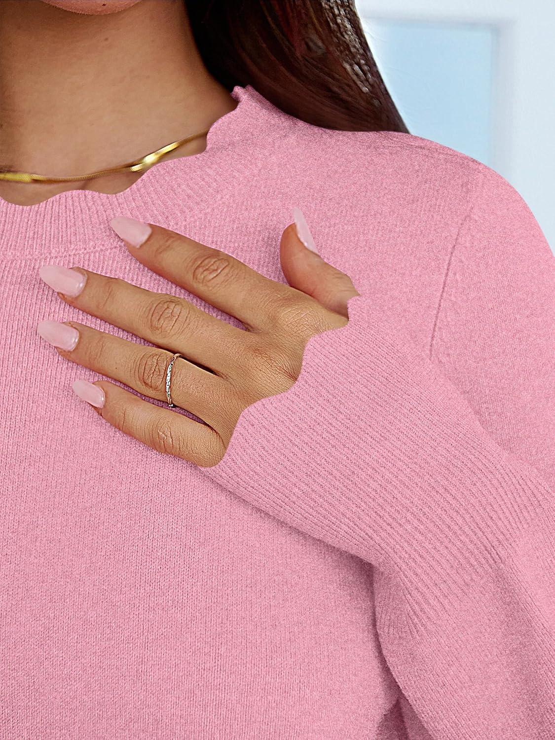 imageANRABESS Womens Long Sleeve Sweaters Loose Fit Lightweight Scalloped Knit Soft Dressy Pullover Tops 2025 Fall Casual OutfitsCoral Pink