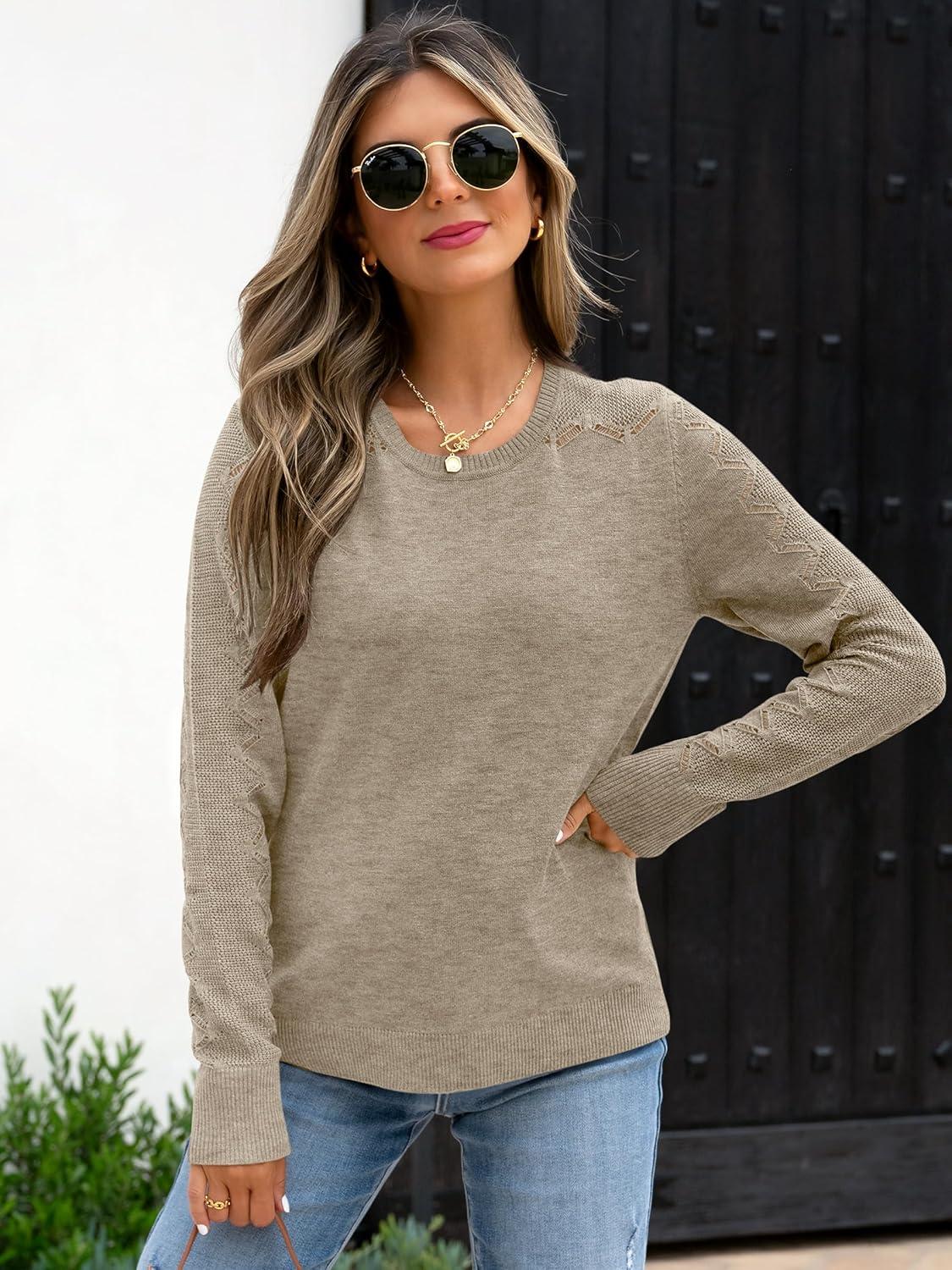 imageANRABESS Womens Long Sleeve Sweaters Wool Blend Crew Neck Hollow Out Business Casual Work Tops 2025 Fall OutfitsAlmond