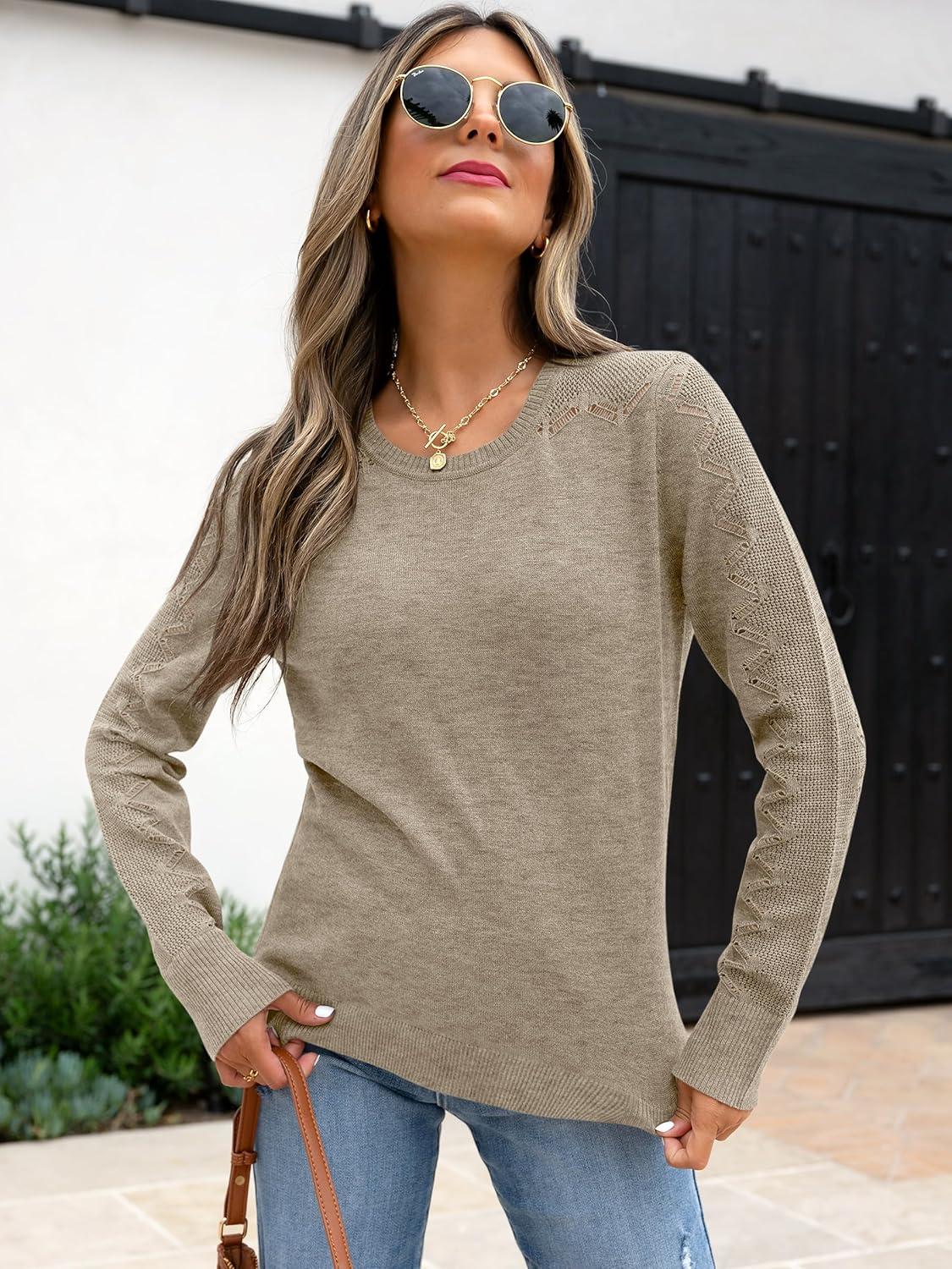 imageANRABESS Womens Long Sleeve Sweaters Wool Blend Crew Neck Hollow Out Business Casual Work Tops 2025 Fall OutfitsAlmond