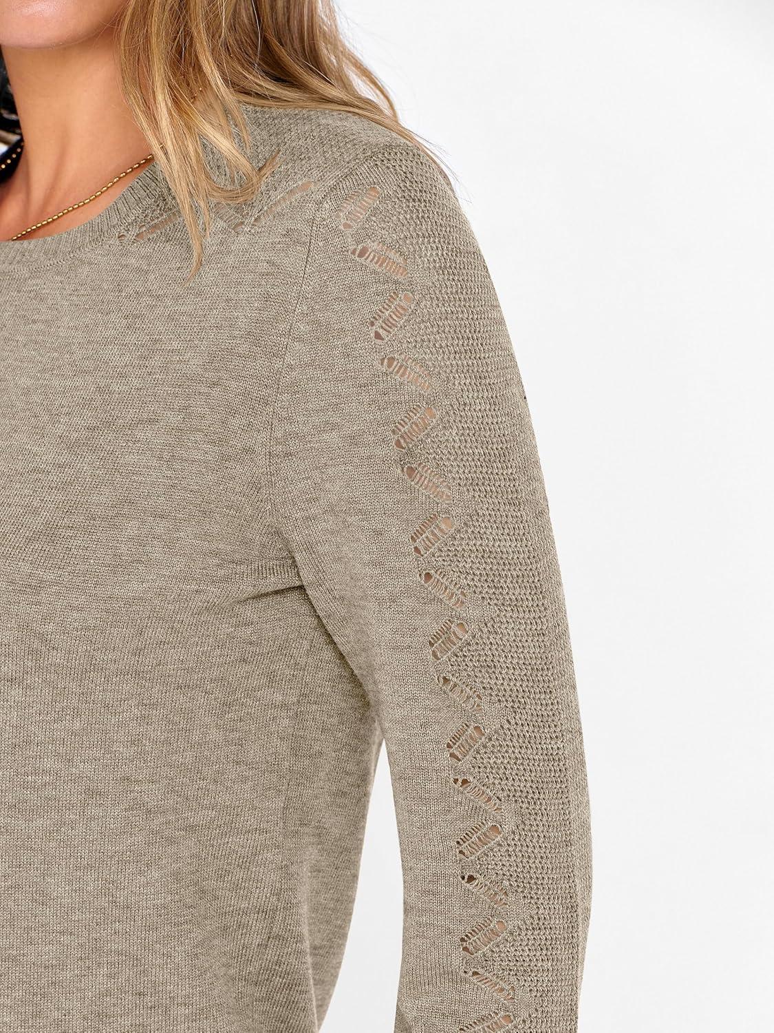 imageANRABESS Womens Long Sleeve Sweaters Wool Blend Crew Neck Hollow Out Business Casual Work Tops 2025 Fall OutfitsAlmond