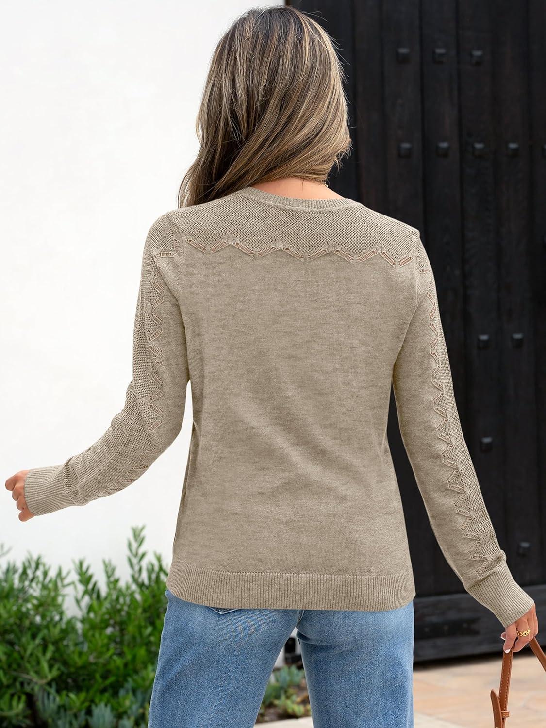 imageANRABESS Womens Long Sleeve Sweaters Wool Blend Crew Neck Hollow Out Business Casual Work Tops 2025 Fall OutfitsAlmond