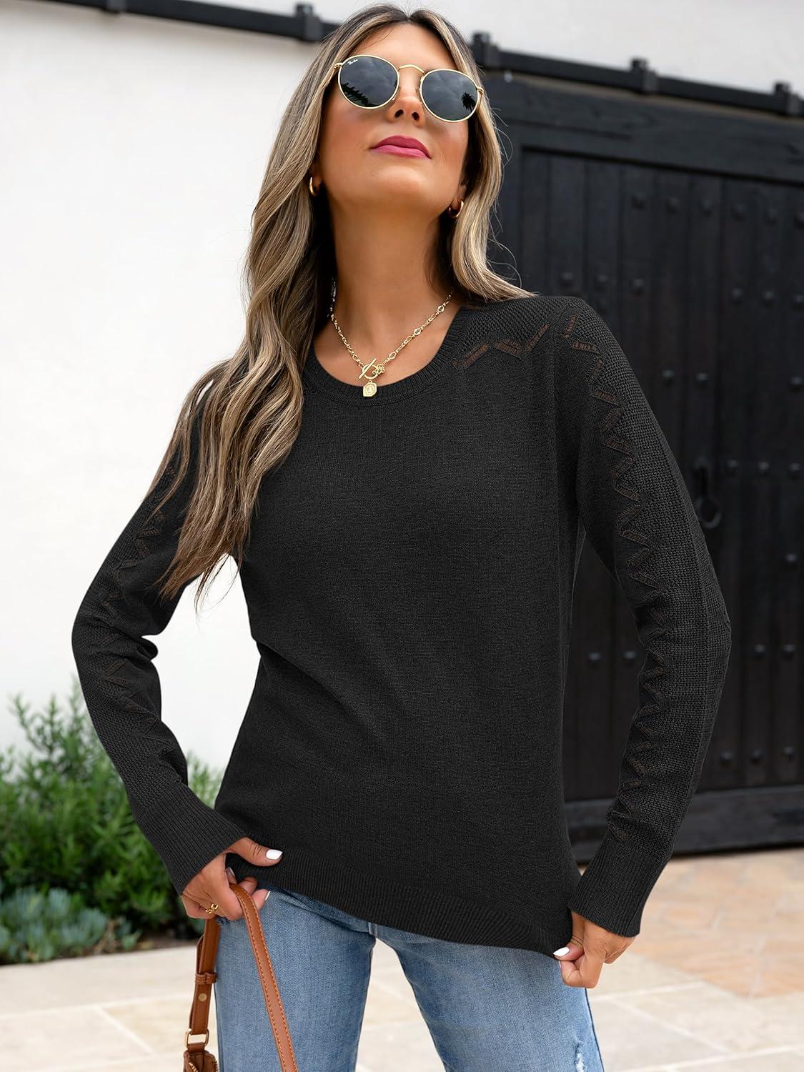 imageANRABESS Womens Long Sleeve Sweaters Wool Blend Crew Neck Hollow Out Business Casual Work Tops 2025 Fall OutfitsBlack