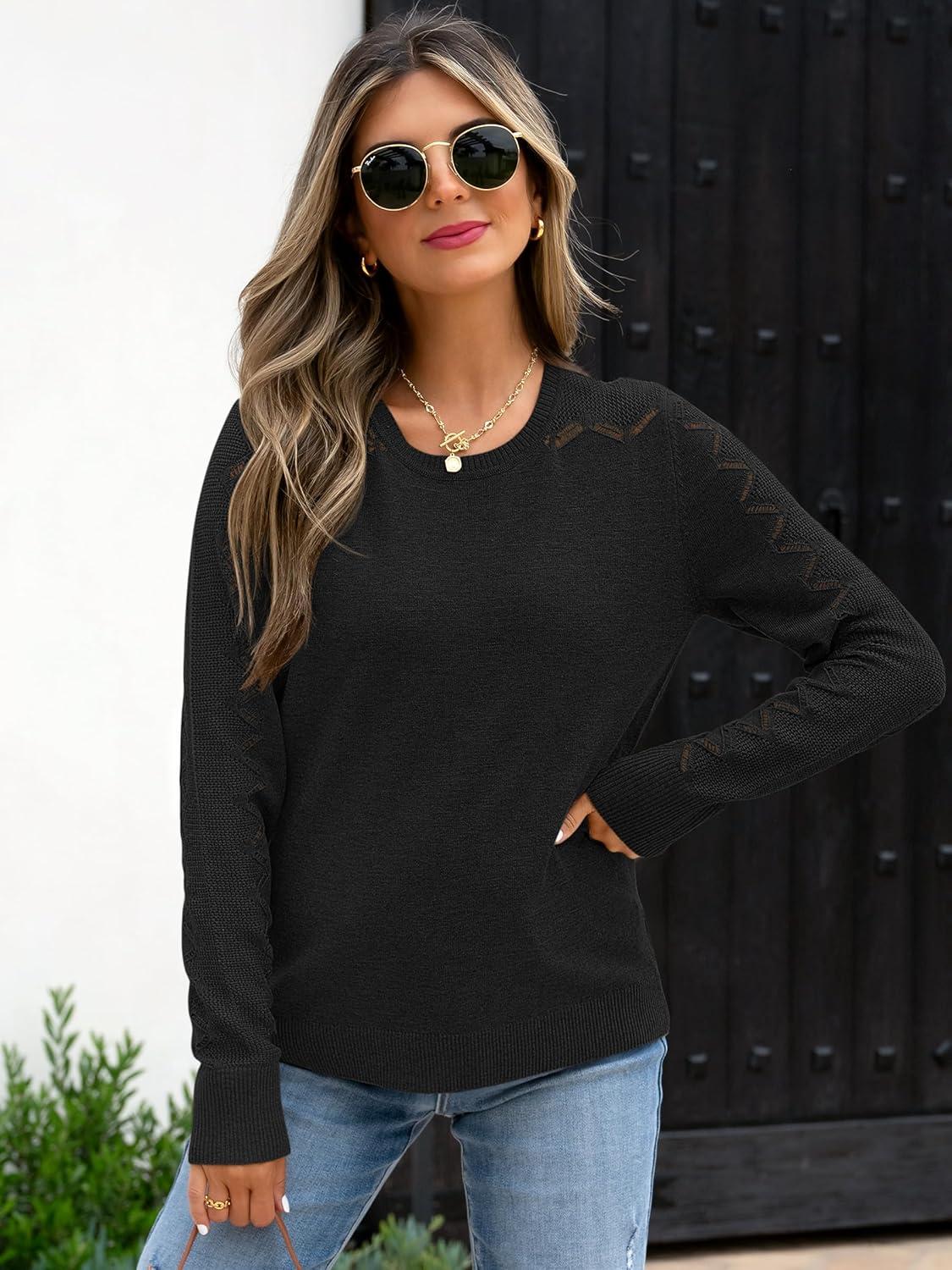 imageANRABESS Womens Long Sleeve Sweaters Wool Blend Crew Neck Hollow Out Business Casual Work Tops 2025 Fall OutfitsBlack