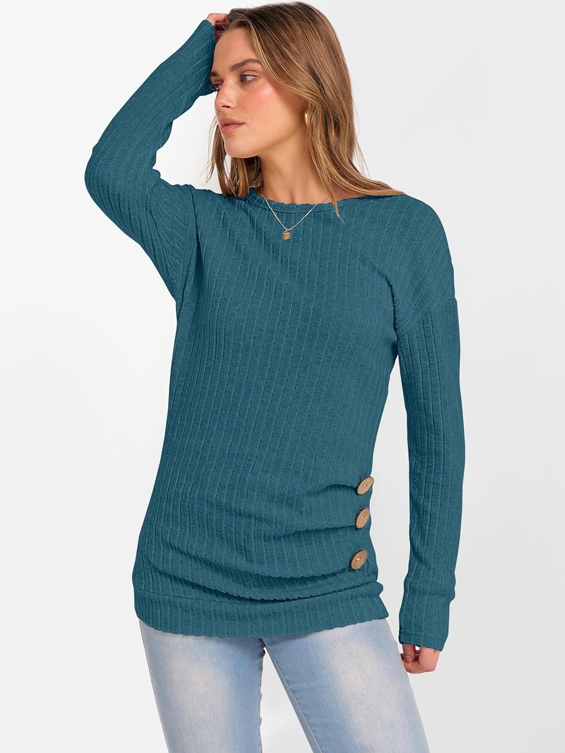 imageANRABESS Womens Long Sleeve Tunic Top 2025 Fall Sweaters Lightweight Ribbed Knit Buttons Shirts Casual Work OutfitsTeal