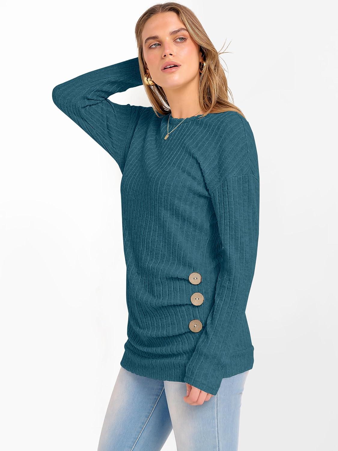 imageANRABESS Womens Long Sleeve Tunic Top 2025 Fall Sweaters Lightweight Ribbed Knit Buttons Shirts Casual Work OutfitsTeal