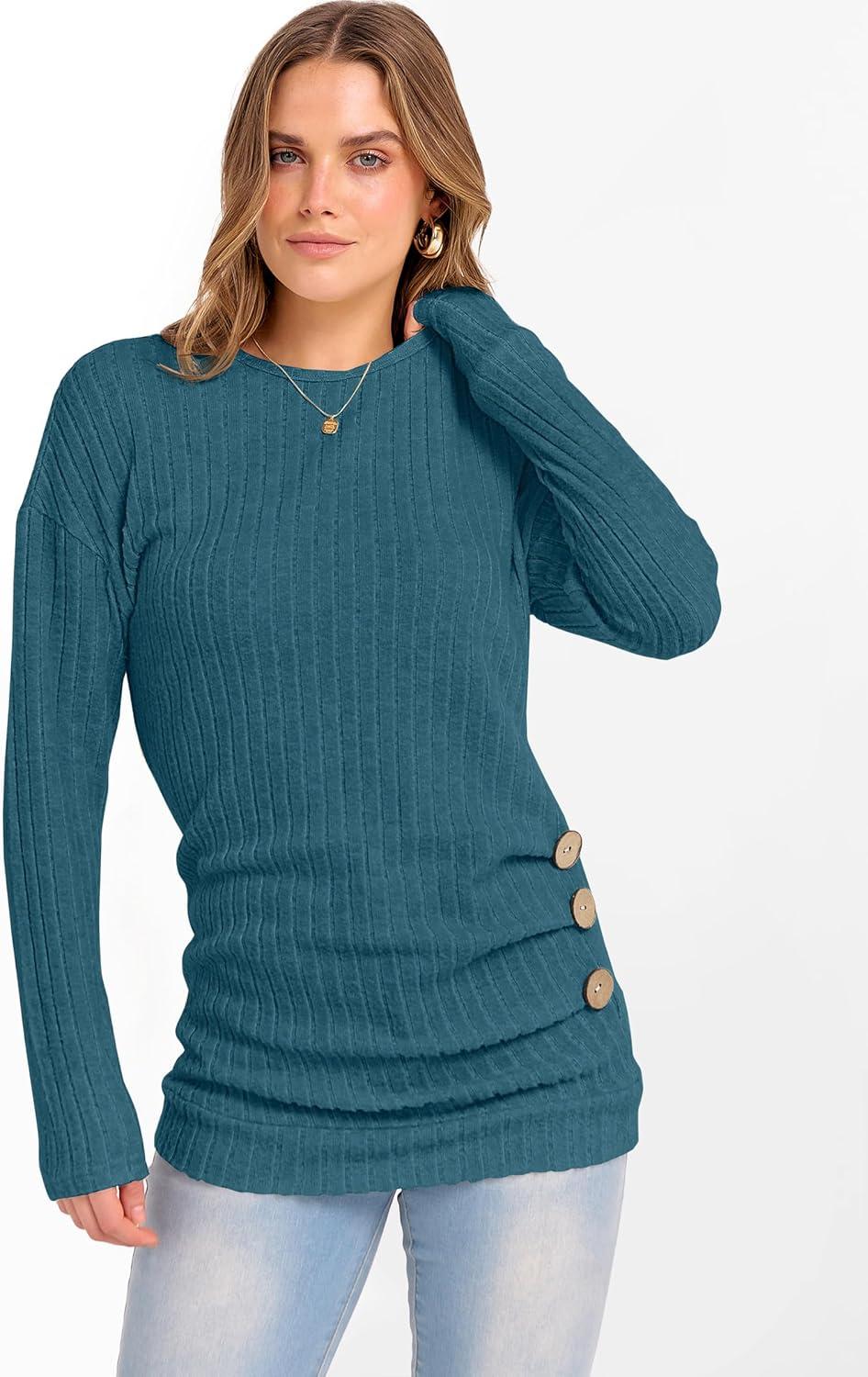 imageANRABESS Womens Long Sleeve Tunic Top 2025 Fall Sweaters Lightweight Ribbed Knit Buttons Shirts Casual Work OutfitsTeal