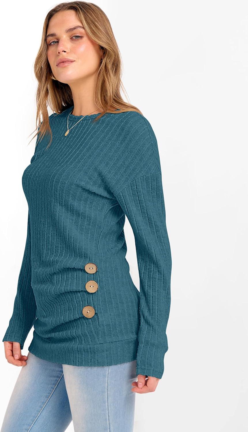 imageANRABESS Womens Long Sleeve Tunic Top 2025 Fall Sweaters Lightweight Ribbed Knit Buttons Shirts Casual Work OutfitsTeal
