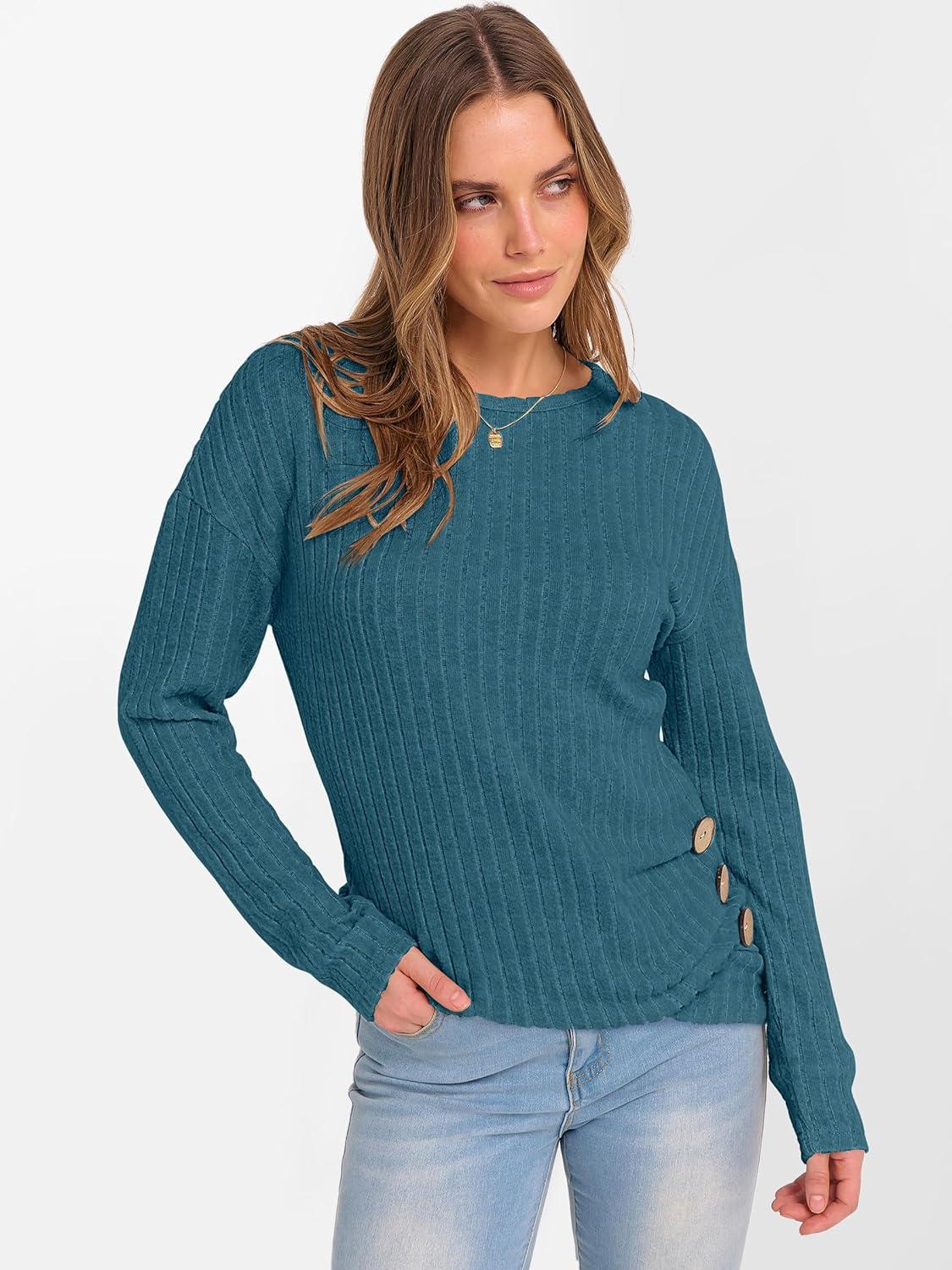 imageANRABESS Womens Long Sleeve Tunic Top 2025 Fall Sweaters Lightweight Ribbed Knit Buttons Shirts Casual Work OutfitsTeal