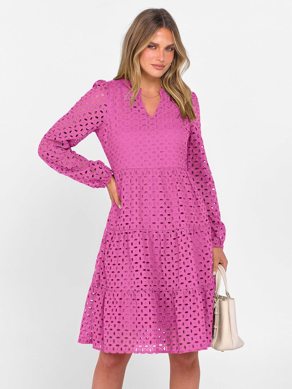 imageANRABESS Womens Long Sleeve V Neck MIdi Dresses Hollow Out Eyelet Casual Tiered 2025 Fall Beach Vacation Dress with PocketsHot Pink