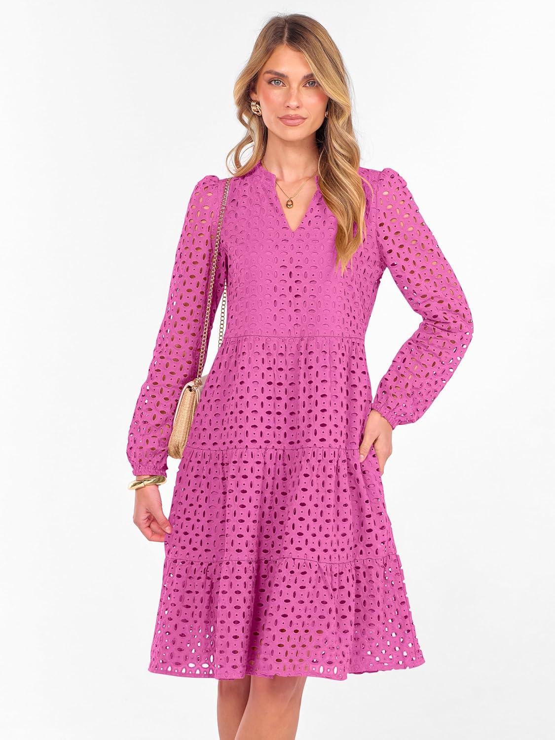 imageANRABESS Womens Long Sleeve V Neck MIdi Dresses Hollow Out Eyelet Casual Tiered 2025 Fall Beach Vacation Dress with PocketsHot Pink