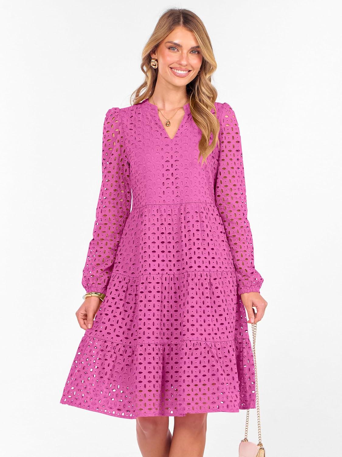 imageANRABESS Womens Long Sleeve V Neck MIdi Dresses Hollow Out Eyelet Casual Tiered 2025 Fall Beach Vacation Dress with PocketsHot Pink