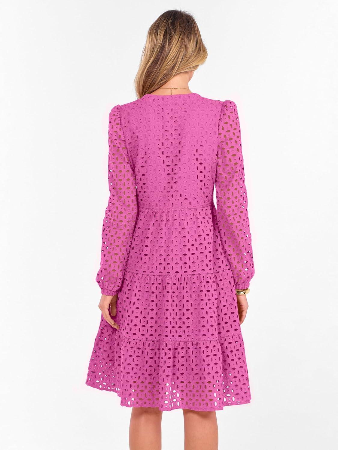 imageANRABESS Womens Long Sleeve V Neck MIdi Dresses Hollow Out Eyelet Casual Tiered 2025 Fall Beach Vacation Dress with PocketsHot Pink