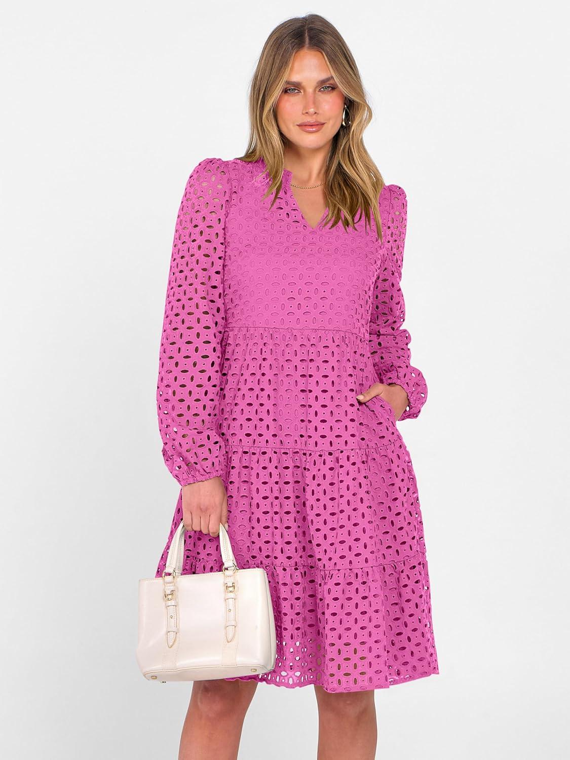 imageANRABESS Womens Long Sleeve V Neck MIdi Dresses Hollow Out Eyelet Casual Tiered 2025 Fall Beach Vacation Dress with PocketsHot Pink