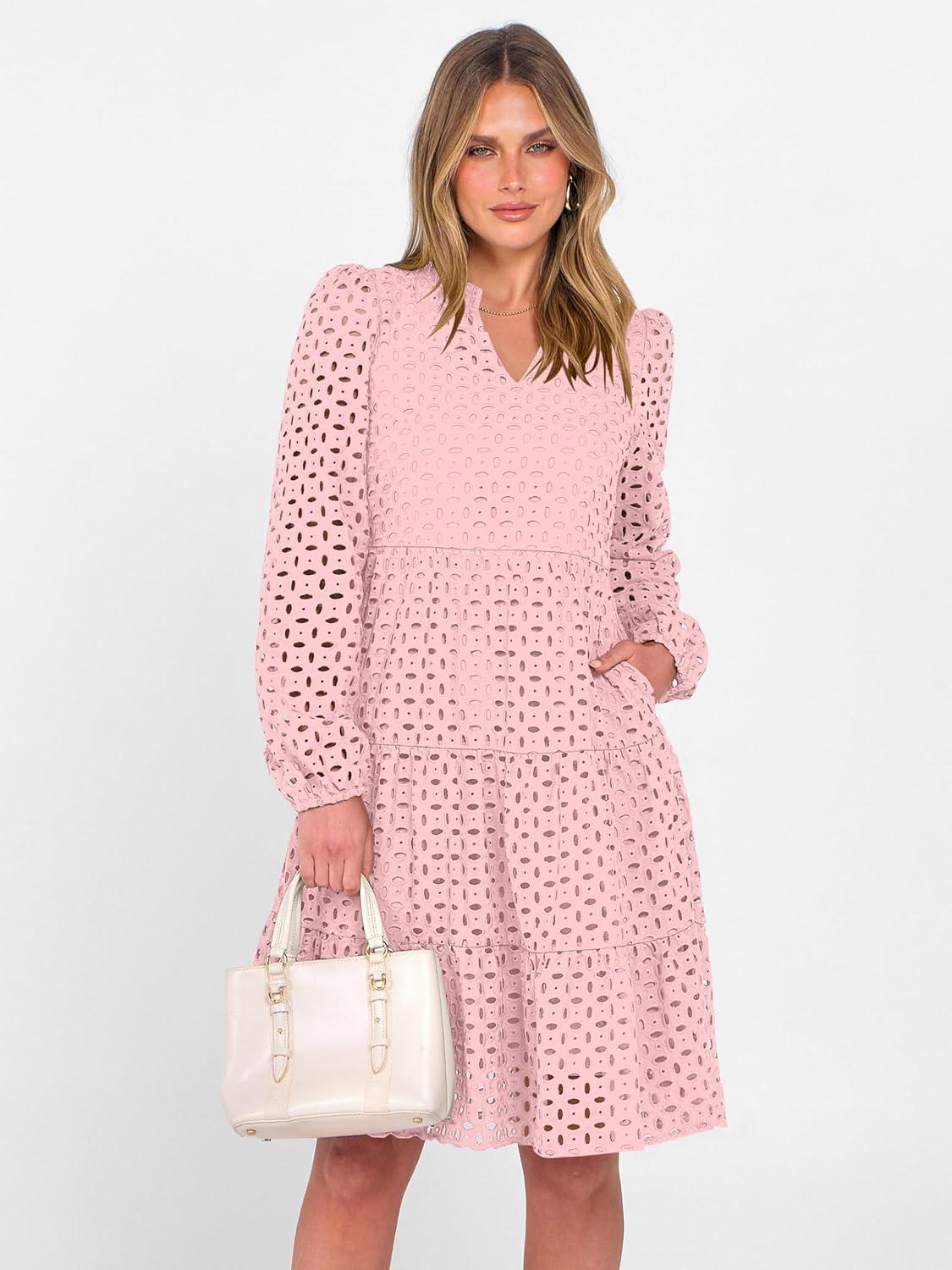imageANRABESS Womens Long Sleeve V Neck MIdi Dresses Hollow Out Eyelet Casual Tiered 2025 Fall Beach Vacation Dress with PocketsPink