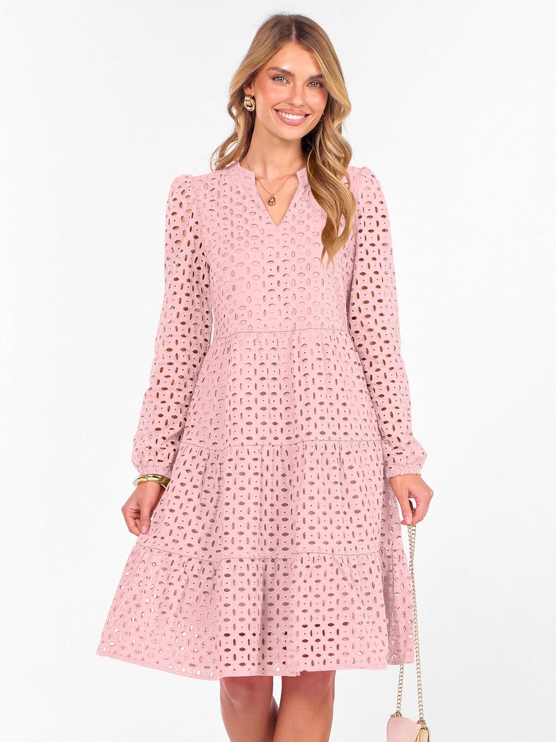imageANRABESS Womens Long Sleeve V Neck MIdi Dresses Hollow Out Eyelet Casual Tiered 2025 Fall Beach Vacation Dress with PocketsPink