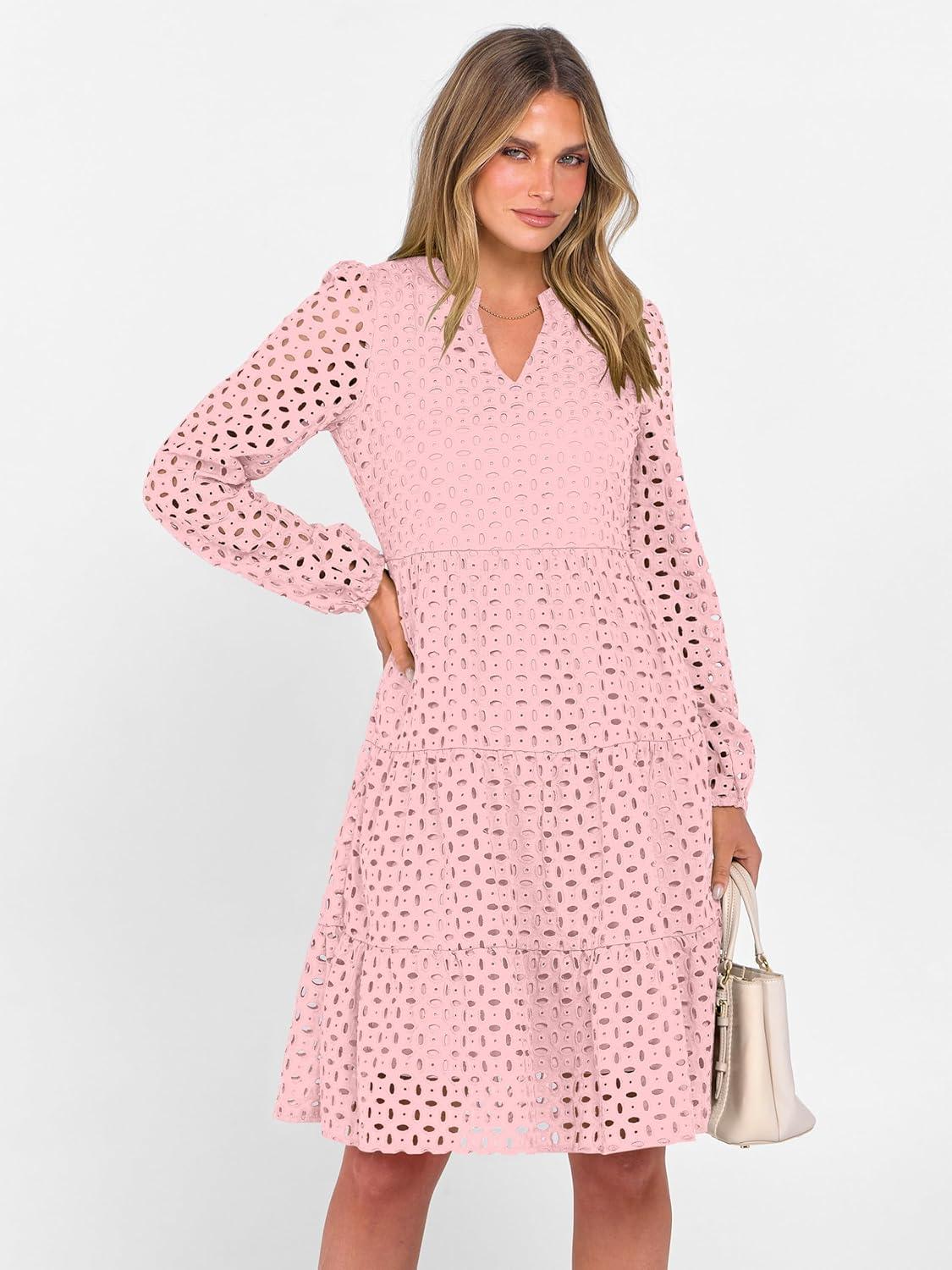 imageANRABESS Womens Long Sleeve V Neck MIdi Dresses Hollow Out Eyelet Casual Tiered 2025 Fall Beach Vacation Dress with PocketsPink