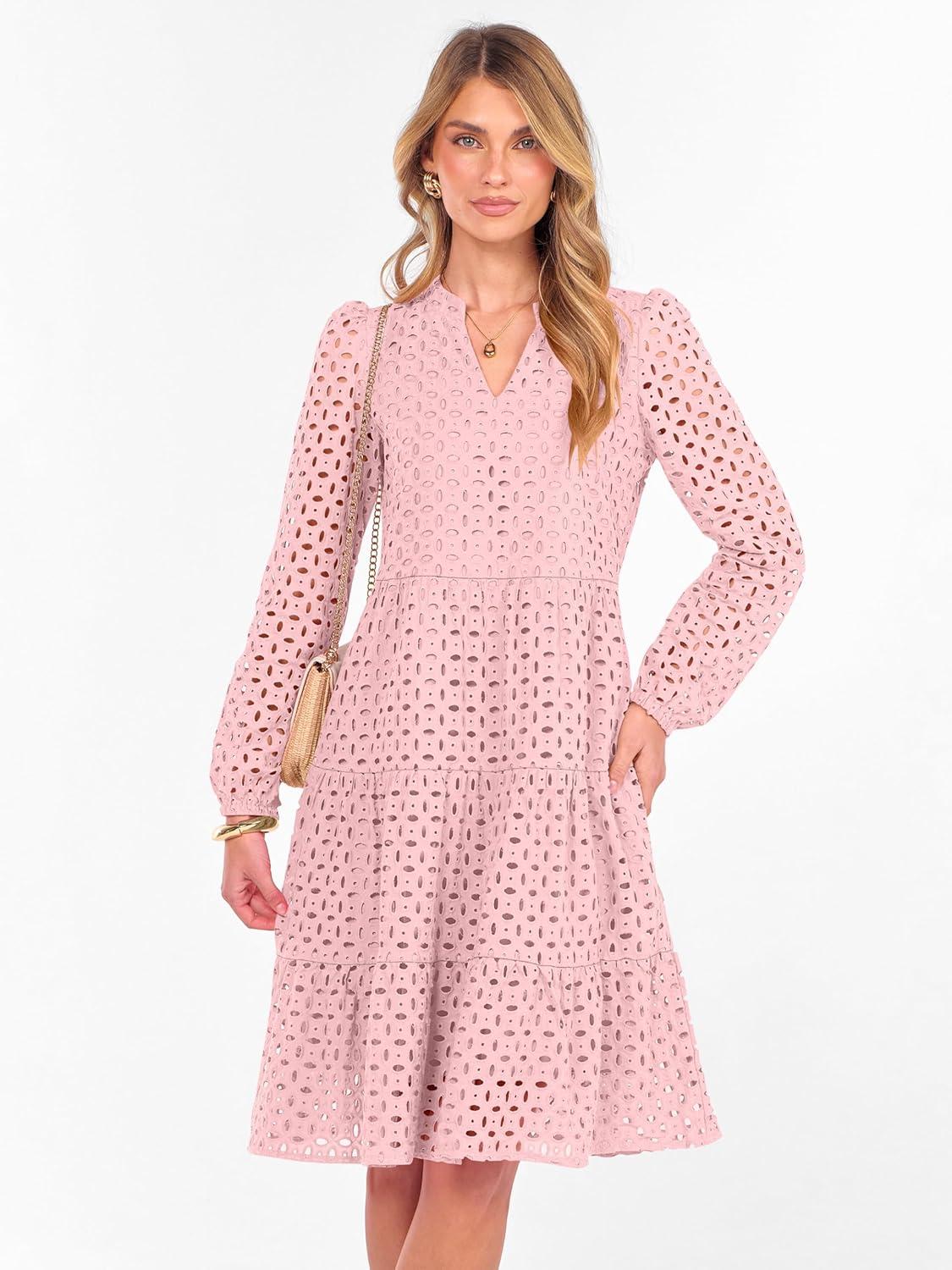 imageANRABESS Womens Long Sleeve V Neck MIdi Dresses Hollow Out Eyelet Casual Tiered 2025 Fall Beach Vacation Dress with PocketsPink