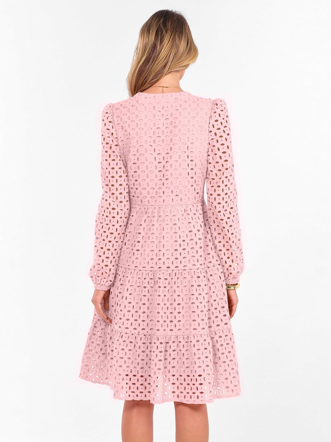 imageANRABESS Womens Long Sleeve V Neck MIdi Dresses Hollow Out Eyelet Casual Tiered 2025 Fall Beach Vacation Dress with PocketsPink