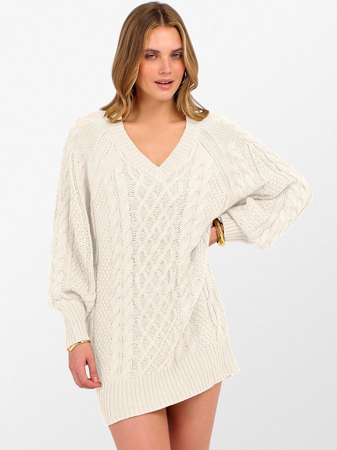 imageANRABESS Womens Long Sleeve V Neck Oversized Cable Knit Mini Sweater Dresses 2025 Winter Fall Trendy Pullover Tunic OutfitsBeige