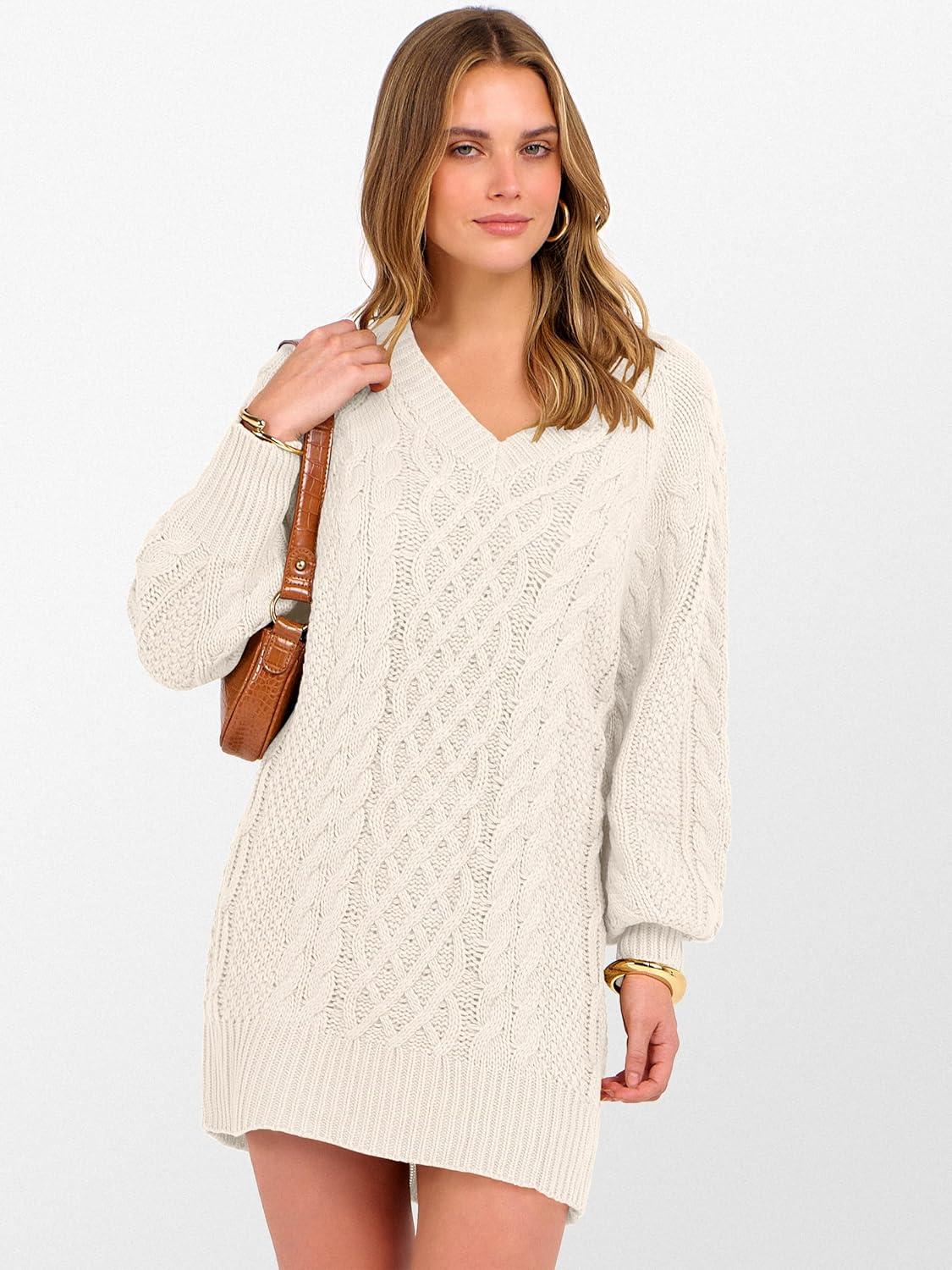 imageANRABESS Womens Long Sleeve V Neck Oversized Cable Knit Mini Sweater Dresses 2025 Winter Fall Trendy Pullover Tunic OutfitsBeige