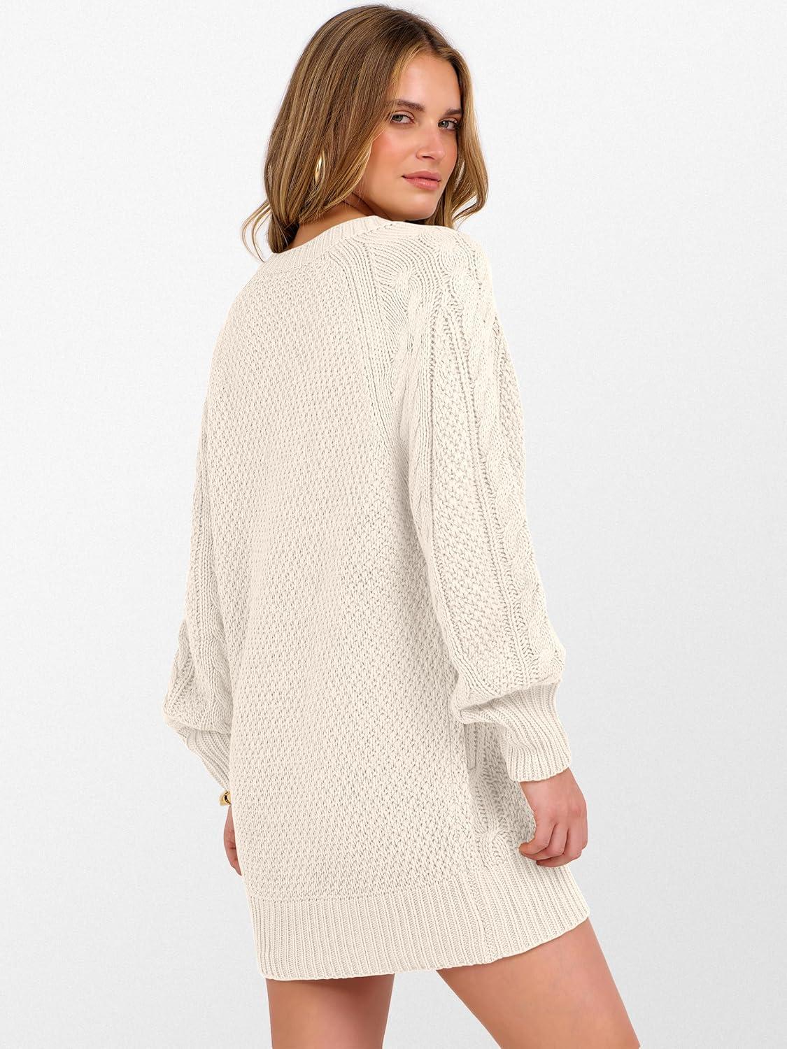 imageANRABESS Womens Long Sleeve V Neck Oversized Cable Knit Mini Sweater Dresses 2025 Winter Fall Trendy Pullover Tunic OutfitsBeige