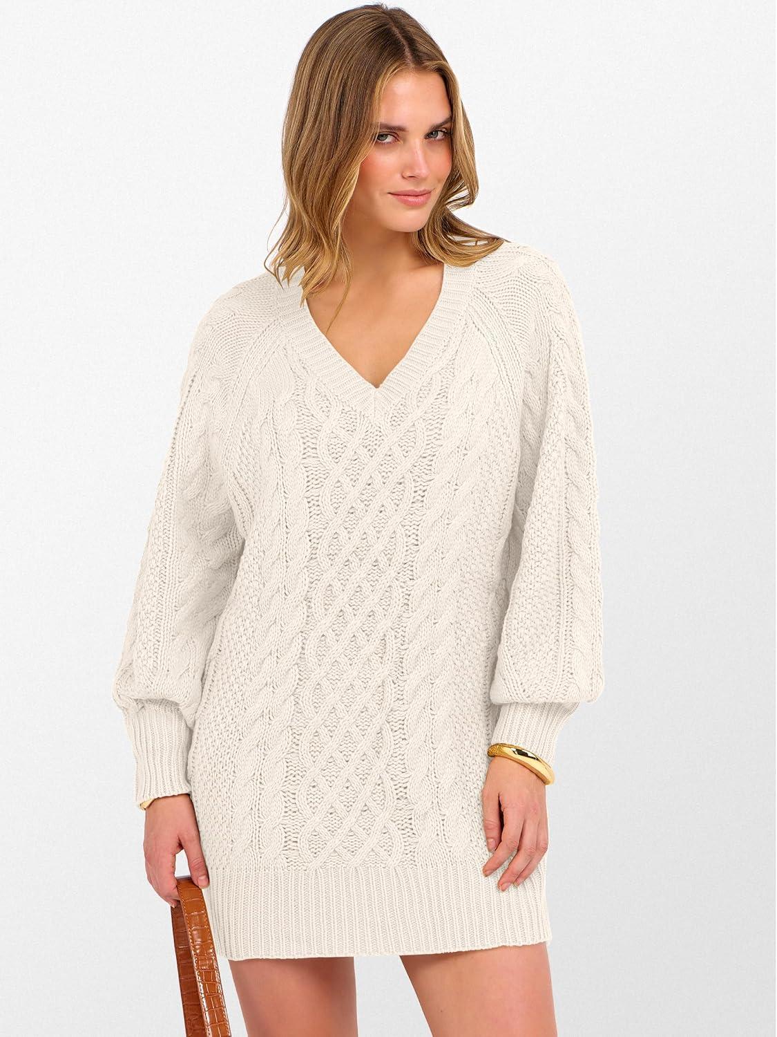 imageANRABESS Womens Long Sleeve V Neck Oversized Cable Knit Mini Sweater Dresses 2025 Winter Fall Trendy Pullover Tunic OutfitsBeige