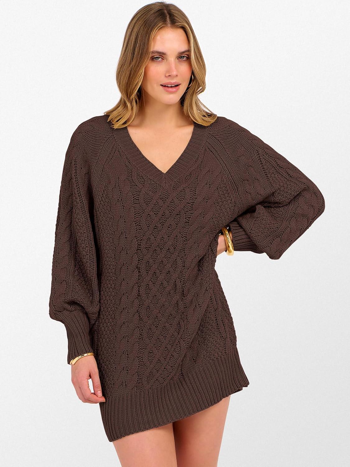 imageANRABESS Womens Long Sleeve V Neck Oversized Cable Knit Mini Sweater Dresses 2025 Winter Fall Trendy Pullover Tunic OutfitsRed Brown