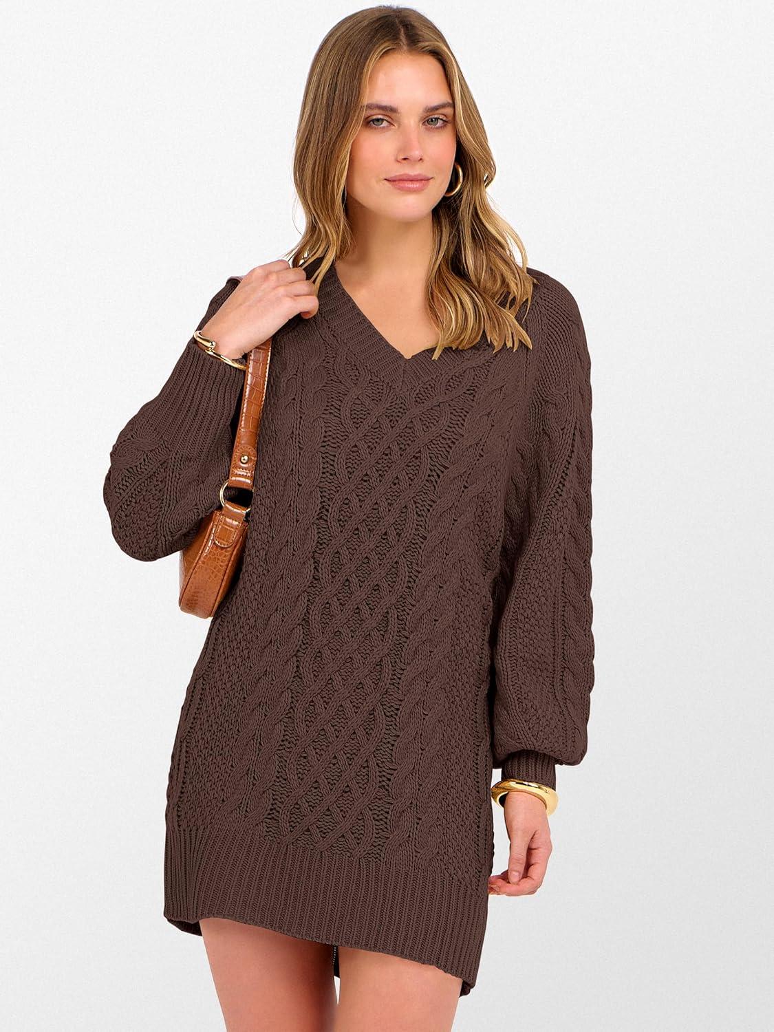 imageANRABESS Womens Long Sleeve V Neck Oversized Cable Knit Mini Sweater Dresses 2025 Winter Fall Trendy Pullover Tunic OutfitsRed Brown