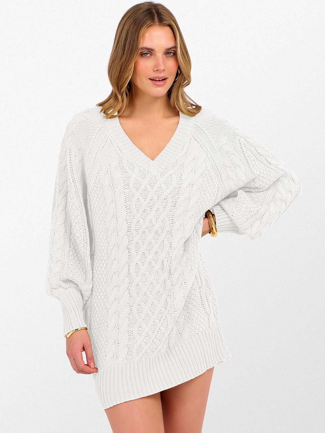 imageANRABESS Womens Long Sleeve V Neck Oversized Cable Knit Mini Sweater Dresses 2025 Winter Fall Trendy Pullover Tunic OutfitsWhite