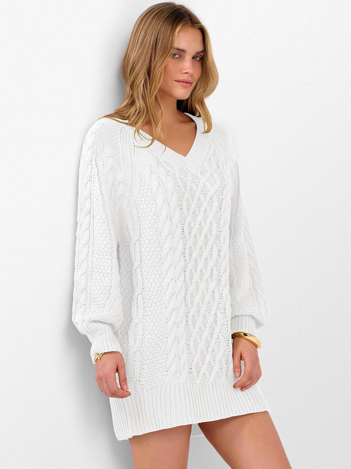 imageANRABESS Womens Long Sleeve V Neck Oversized Cable Knit Mini Sweater Dresses 2025 Winter Fall Trendy Pullover Tunic OutfitsWhite