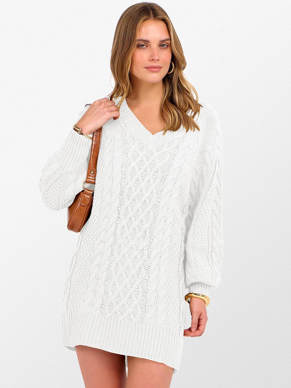 imageANRABESS Womens Long Sleeve V Neck Oversized Cable Knit Mini Sweater Dresses 2025 Winter Fall Trendy Pullover Tunic OutfitsWhite