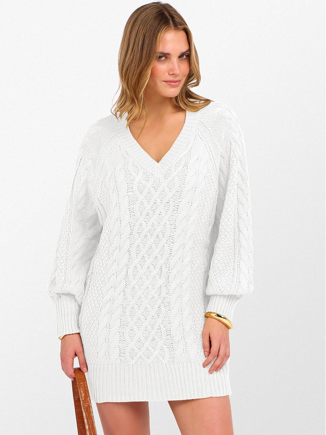 imageANRABESS Womens Long Sleeve V Neck Oversized Cable Knit Mini Sweater Dresses 2025 Winter Fall Trendy Pullover Tunic OutfitsWhite