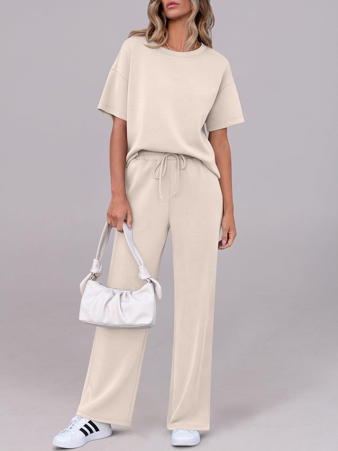 imageANRABESS Womens Lounge Sets 2 Piece Outfits Summer Casual Short Sleeve Sweatsuits Matching Tracksuits Wide Leg Pant SetApricot