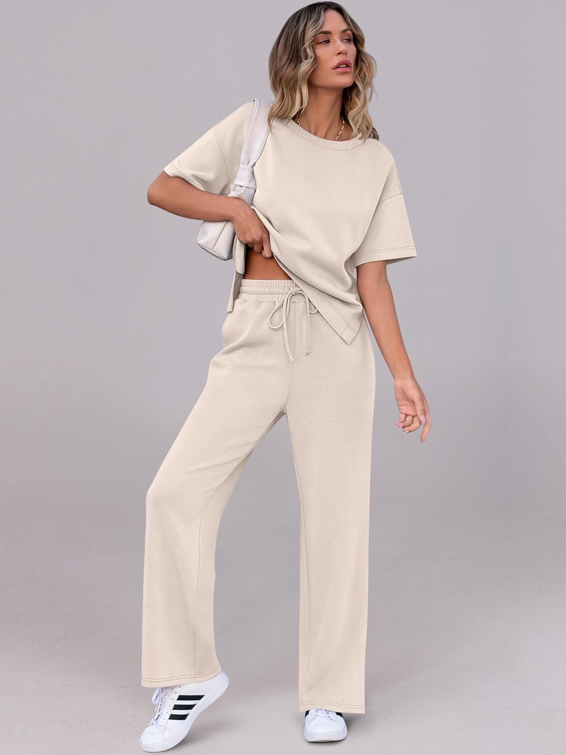 imageANRABESS Womens Lounge Sets 2 Piece Outfits Summer Casual Short Sleeve Sweatsuits Matching Tracksuits Wide Leg Pant SetApricot