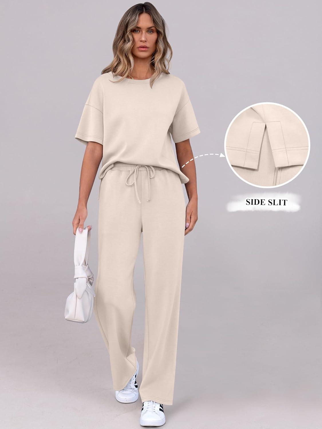 imageANRABESS Womens Lounge Sets 2 Piece Outfits Summer Casual Short Sleeve Sweatsuits Matching Tracksuits Wide Leg Pant SetApricot
