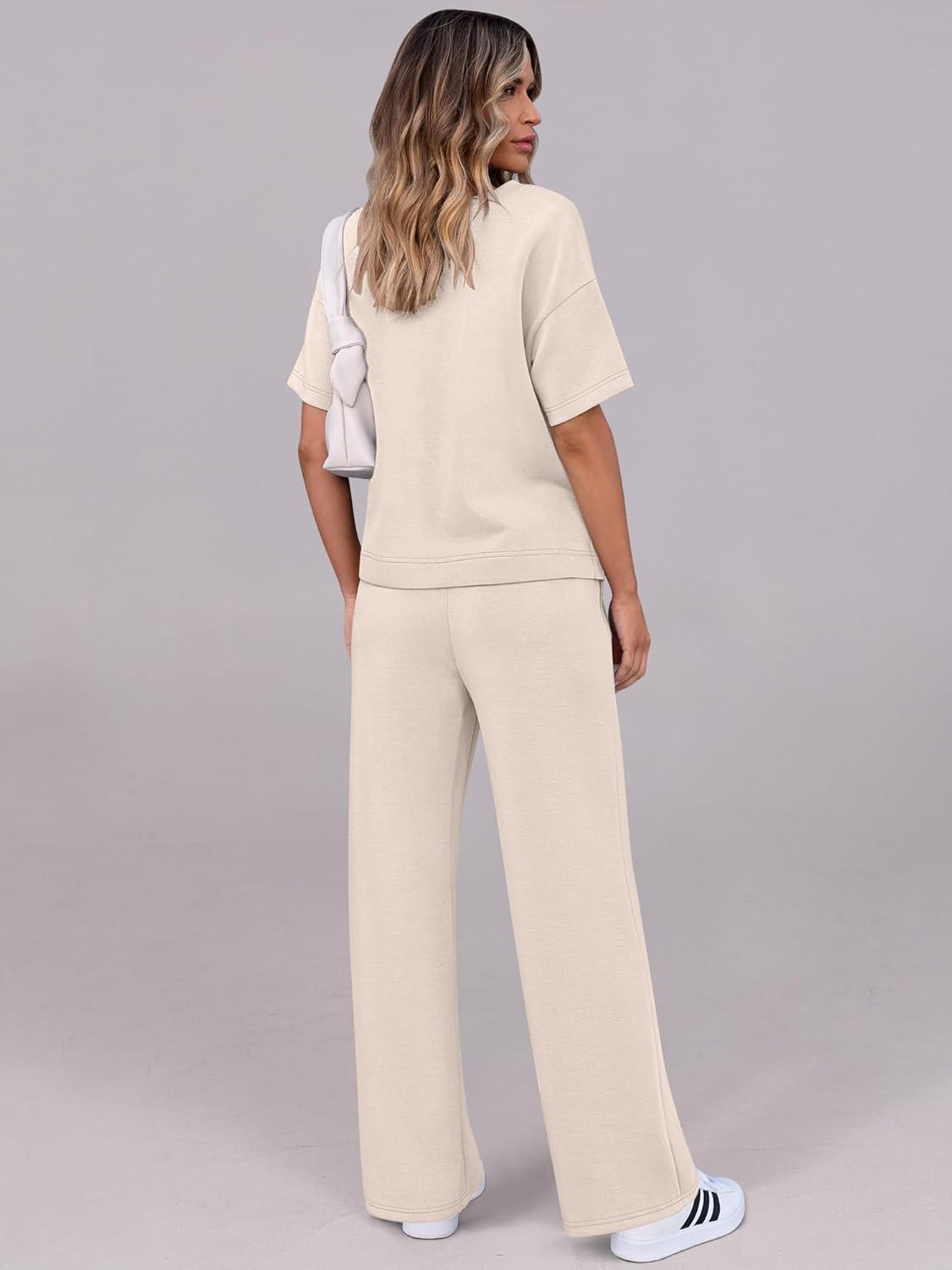 imageANRABESS Womens Lounge Sets 2 Piece Outfits Summer Casual Short Sleeve Sweatsuits Matching Tracksuits Wide Leg Pant SetApricot