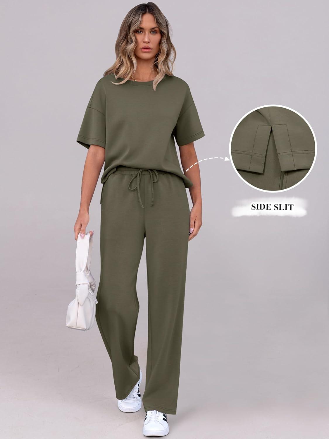 imageANRABESS Womens Lounge Sets 2 Piece Outfits Summer Casual Short Sleeve Sweatsuits Matching Tracksuits Wide Leg Pant SetArmy Green