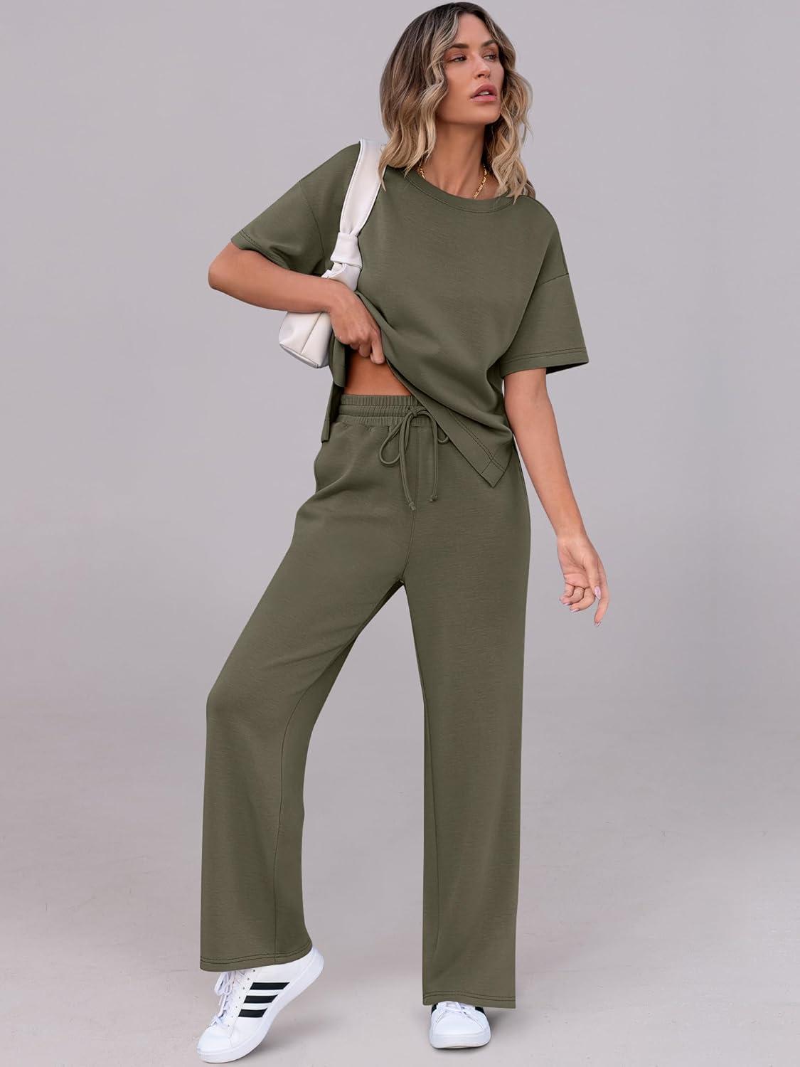 imageANRABESS Womens Lounge Sets 2 Piece Outfits Summer Casual Short Sleeve Sweatsuits Matching Tracksuits Wide Leg Pant SetArmy Green
