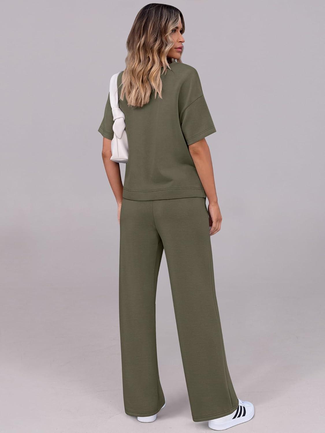 imageANRABESS Womens Lounge Sets 2 Piece Outfits Summer Casual Short Sleeve Sweatsuits Matching Tracksuits Wide Leg Pant SetArmy Green
